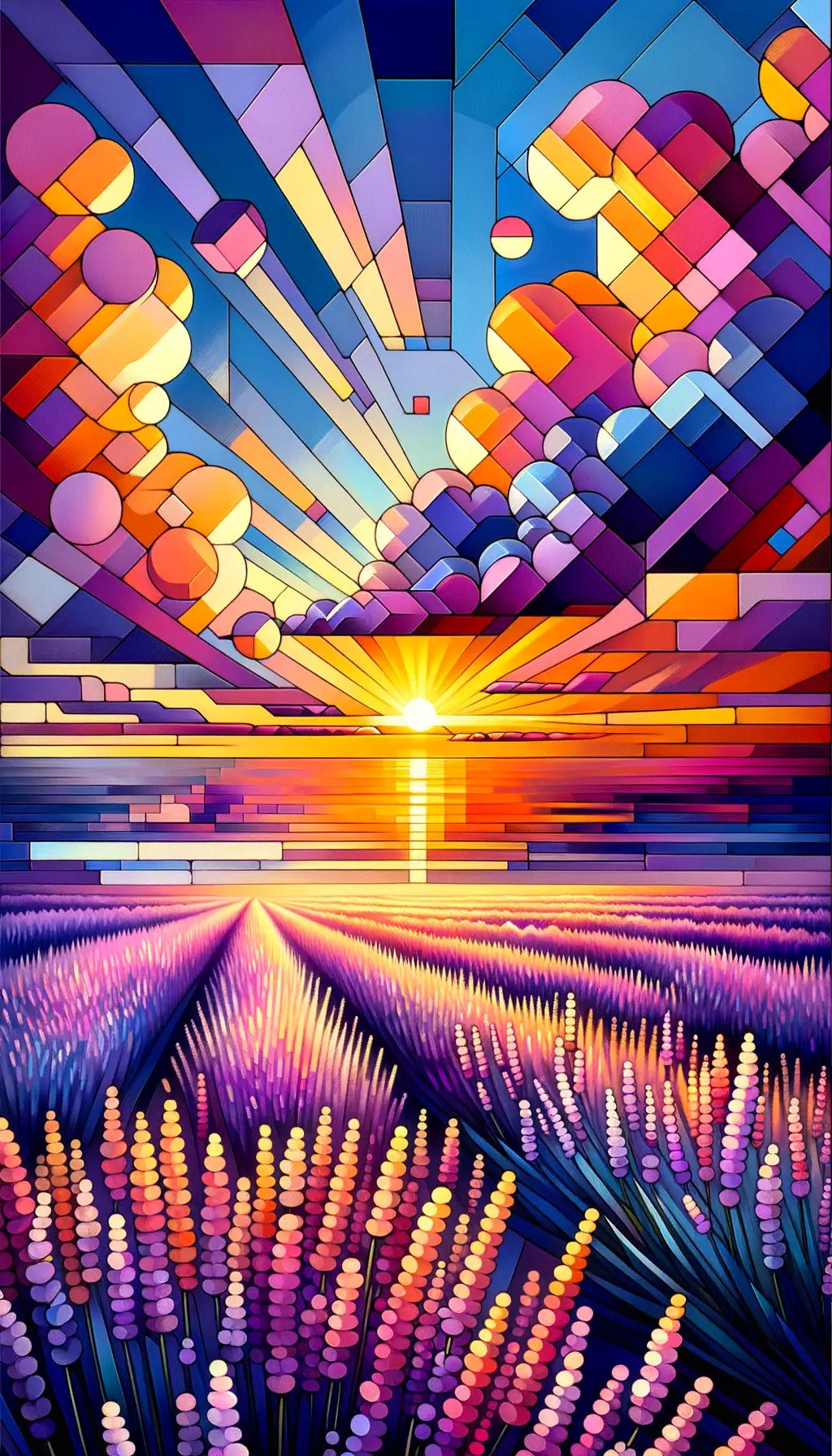 Whispers of Lavender: Cubist Serenity at Sunset