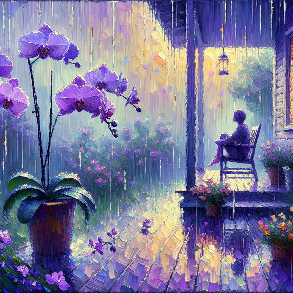 Whispers of Lavender: Orchids in Rainfall Therapy