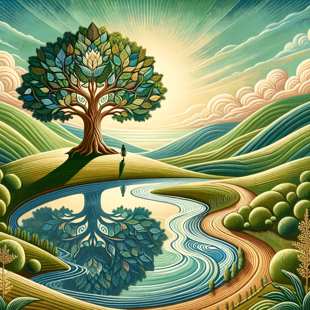 Whispers of Oak: Strength Blooms Amidst Tranquil Reflections