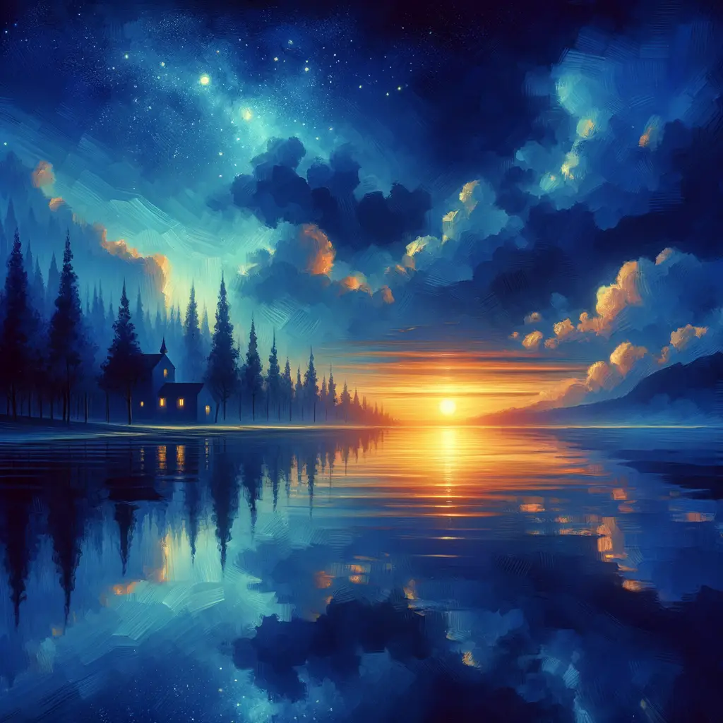 Whispers of Midnight Blue: Tranquil Sunset over the Calm Lake