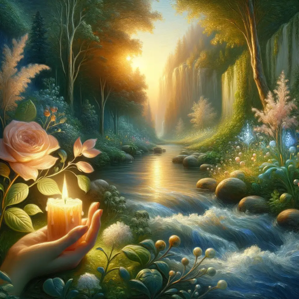 Embrace of Whispering Waters: Rebirth in Petal Glow