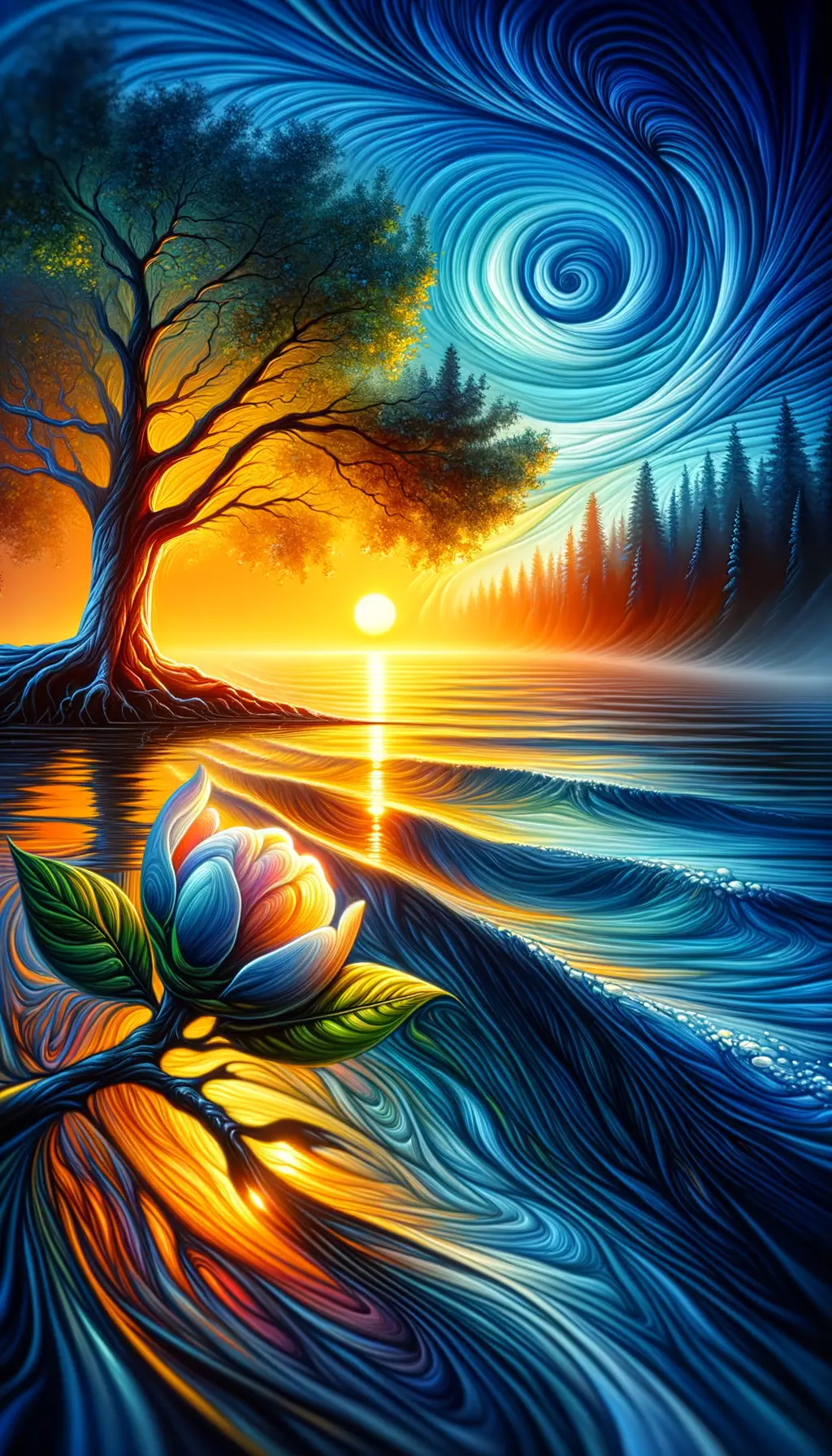 Ethereal Harmony: Blossoming Reflections in Sunset's Embrace