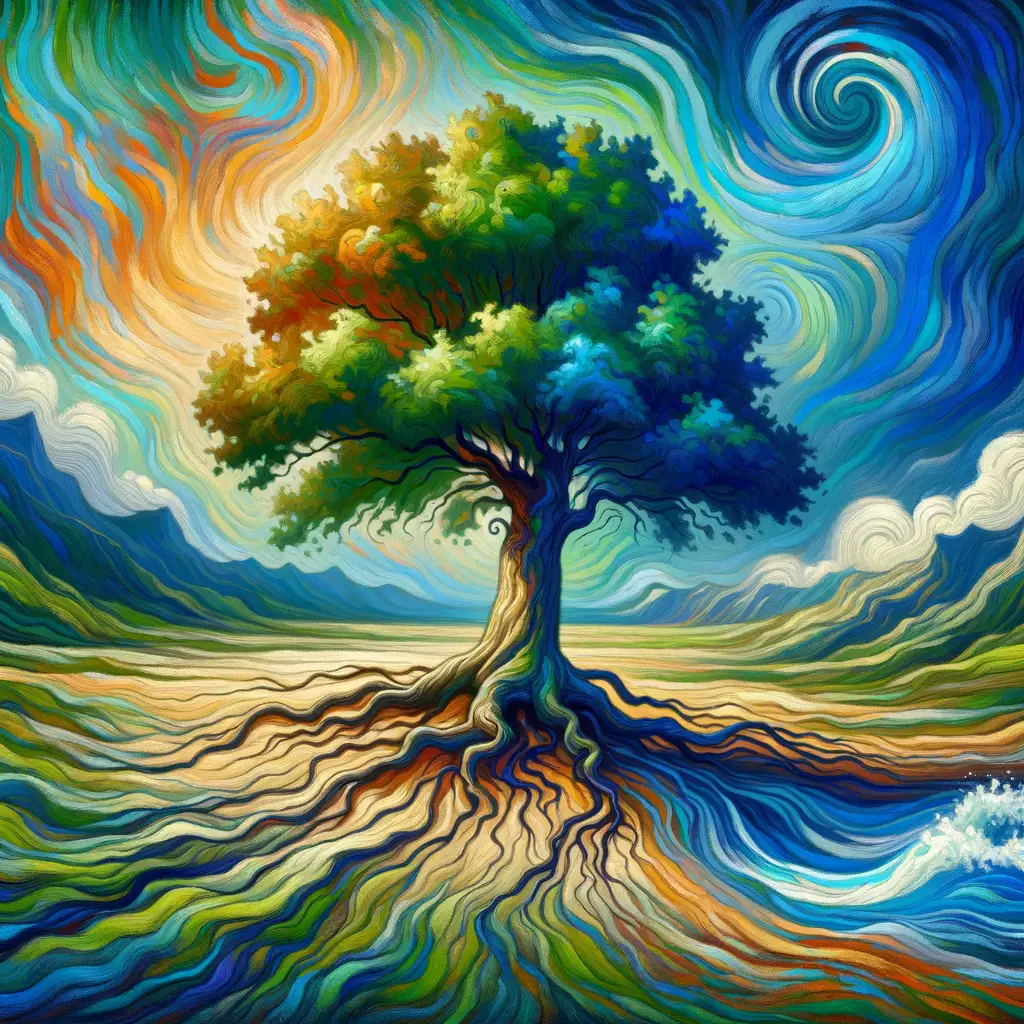 Whispers of the Sentinel Oak: Embrace in Azure Serenity