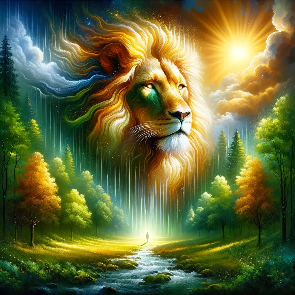 Serenity's Roar: Where Lions Dance in Emerald Rain