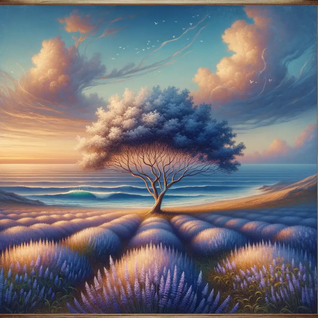 Serenity's Tapestry: A Tree of Renewal Amidst Lavender Dreams