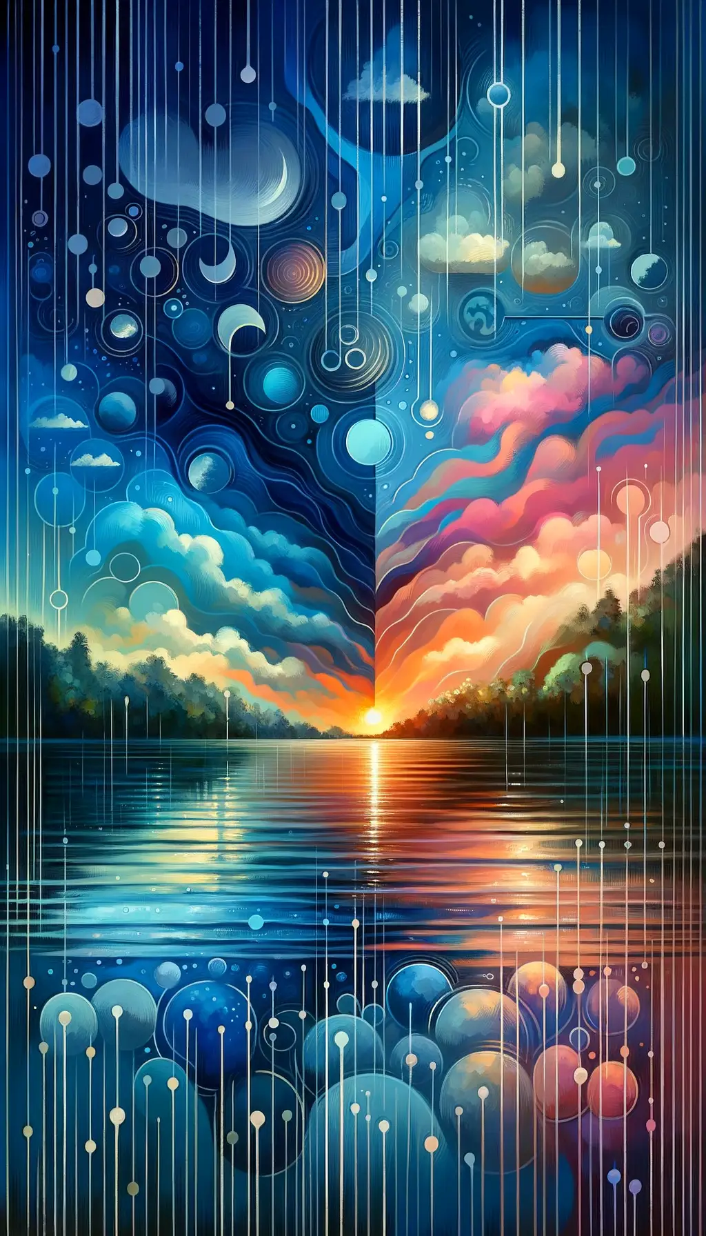 Spectrum of Tranquil Dialogues: Nourishing Rain Over Sunset Lake