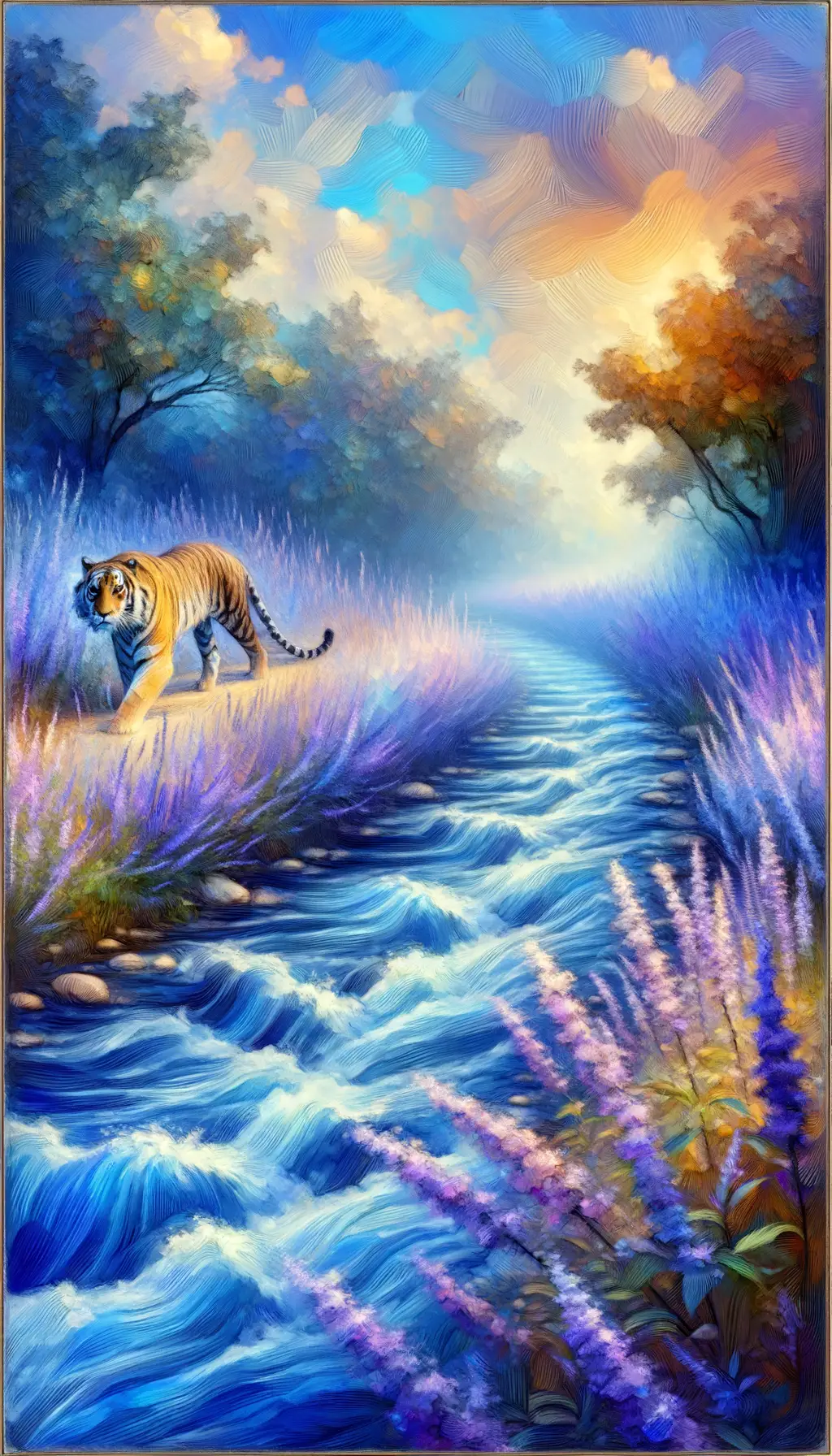 Whispers of Resilience: Tiger's Dance by the Lavender Stream
