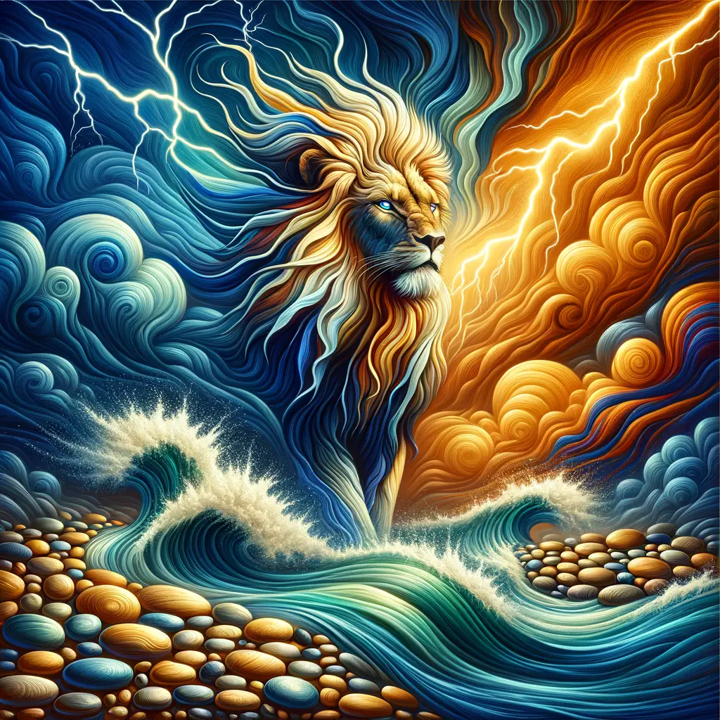 Regal Storm Symphony: Lion's Roar Amid Healing Waters