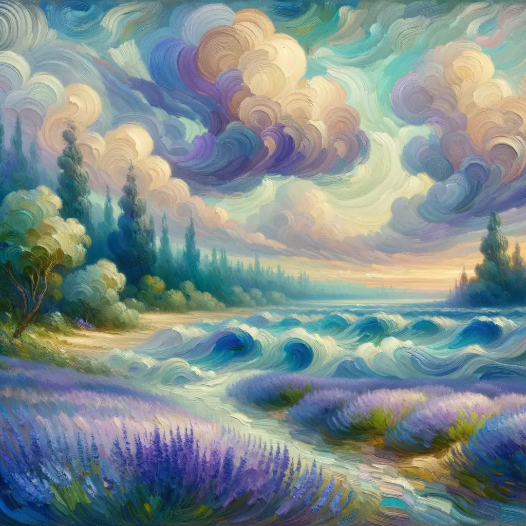 Whispers of Lavender Dreams: where still waters meet dancing skies