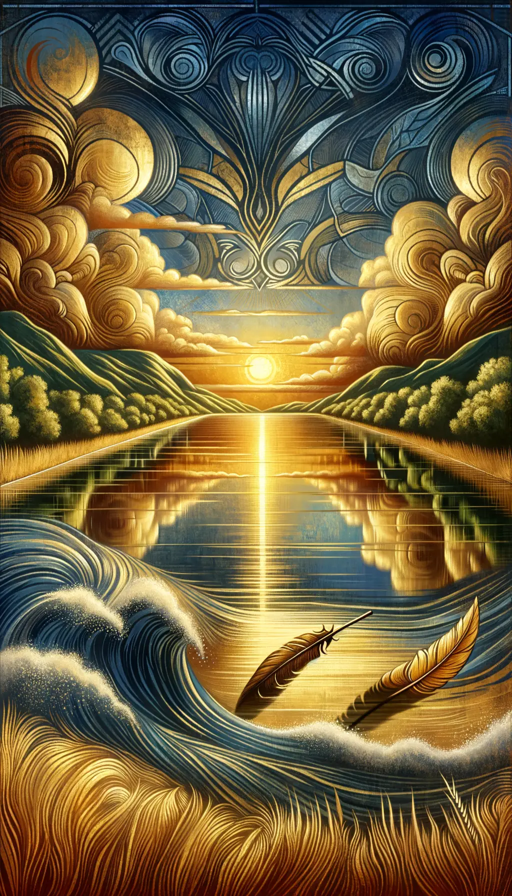 Golden Tranquility: The Feather's Journey Through Emotion's River