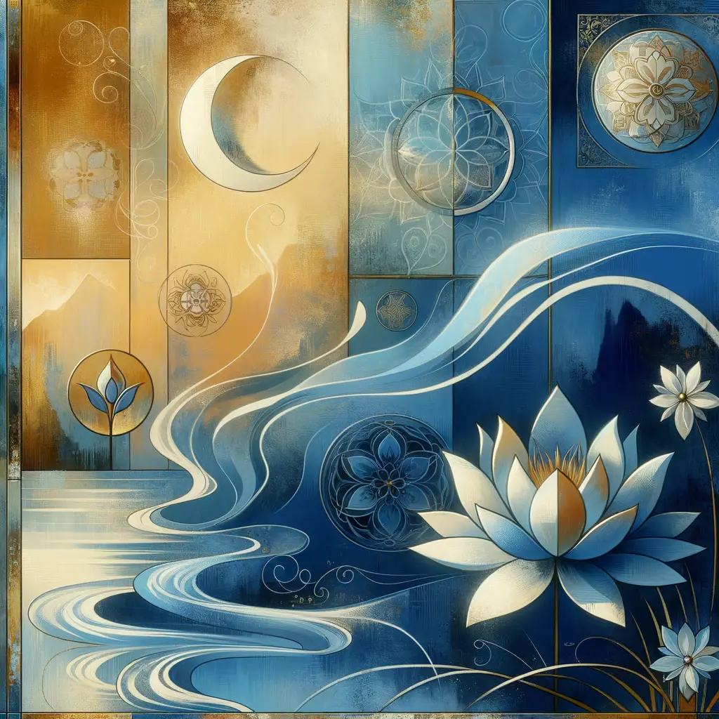 Golden Tranquility: Lotus Whisper in Blue Serenity