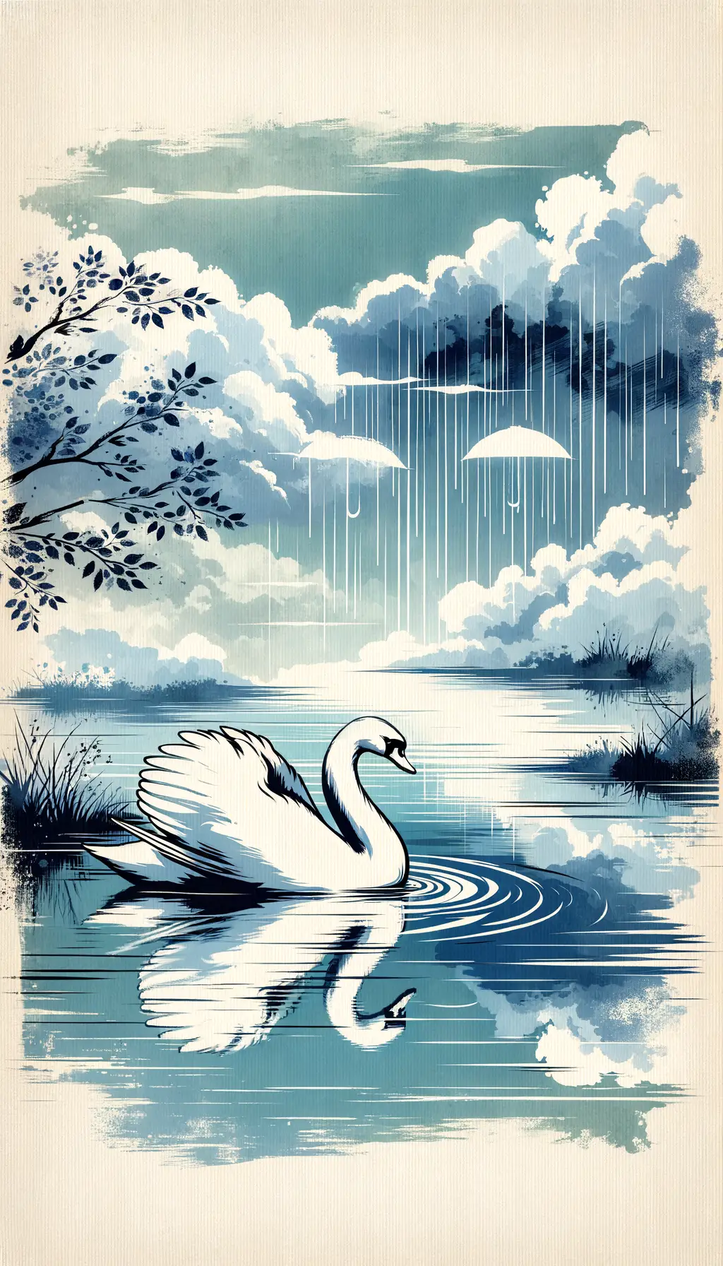 Plummeting Tranquility: Swan's Revelation on the Serene Rain-Painted Pond