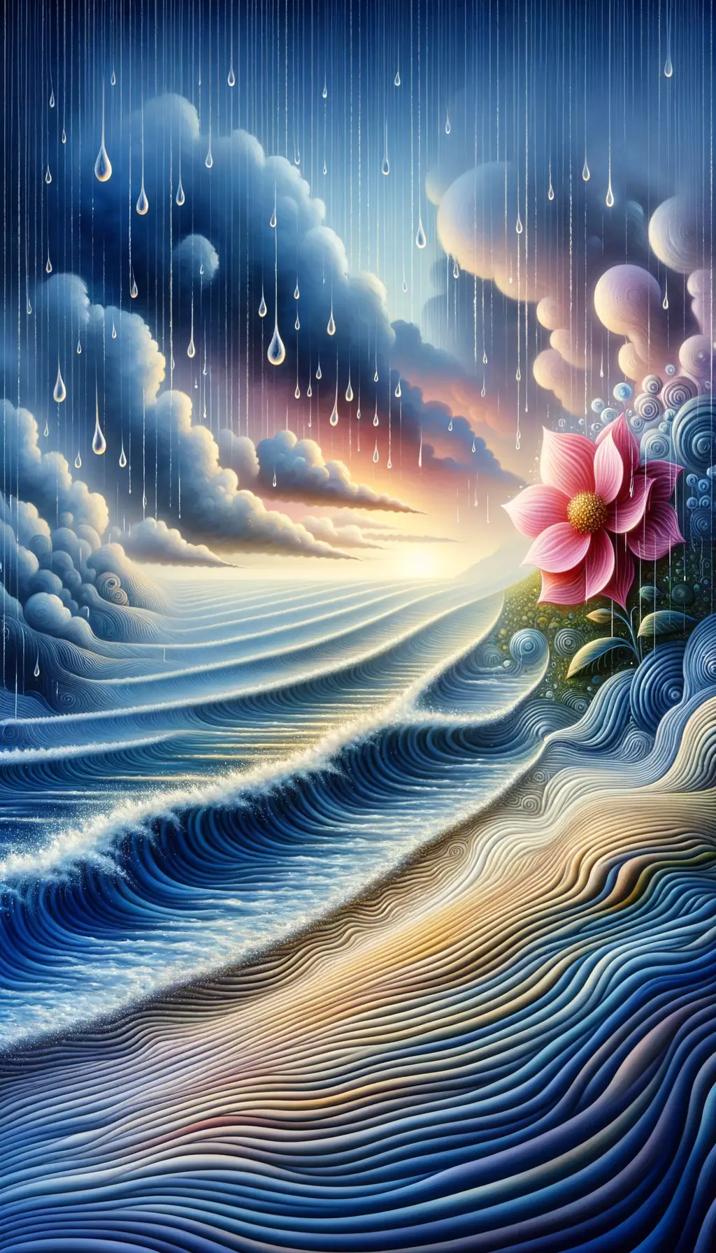 Ethereal Oasis: A Blossom's Journey through Rain and Waves