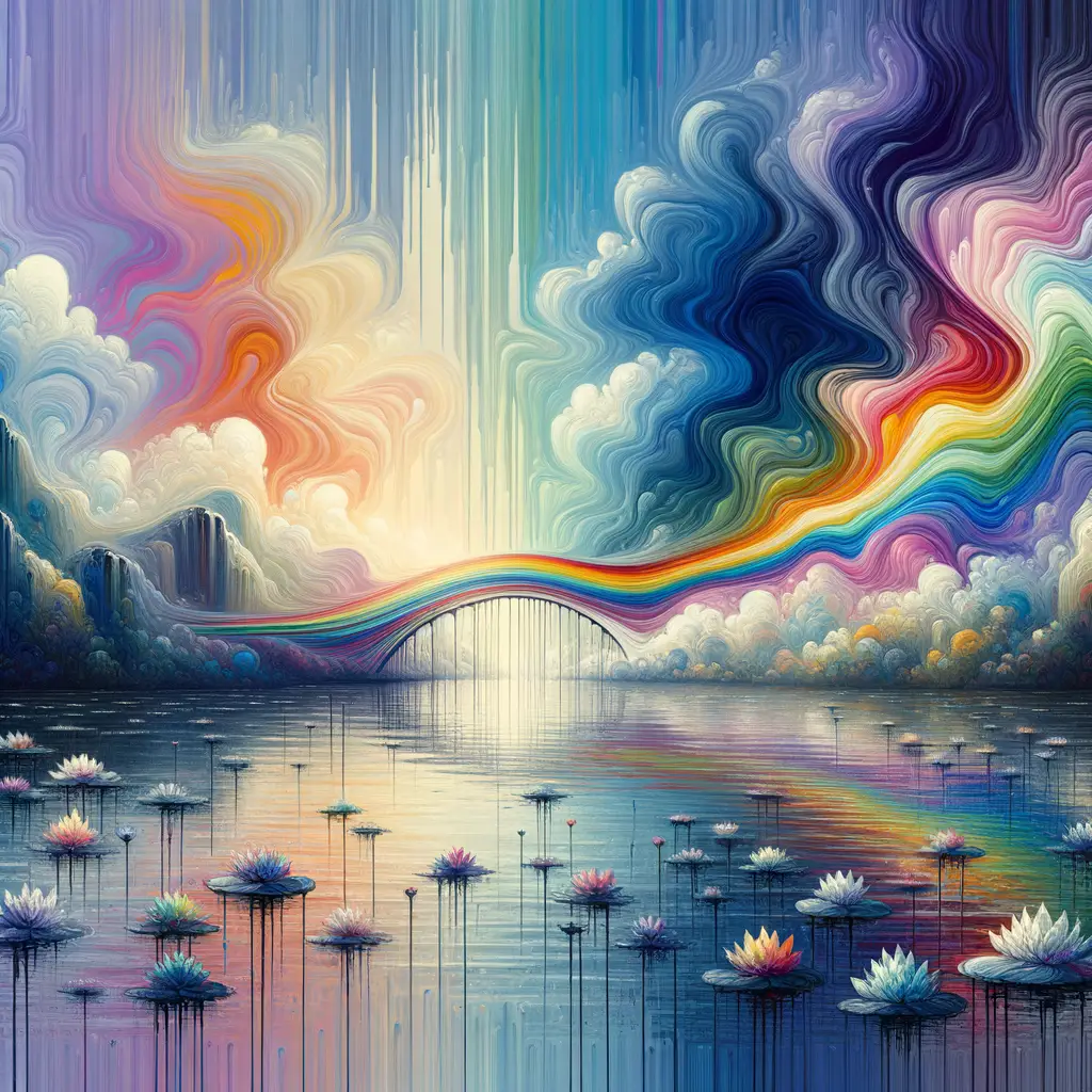 Chromatic Tranquility: Rainbow Bridge Across Turbulent Waters
