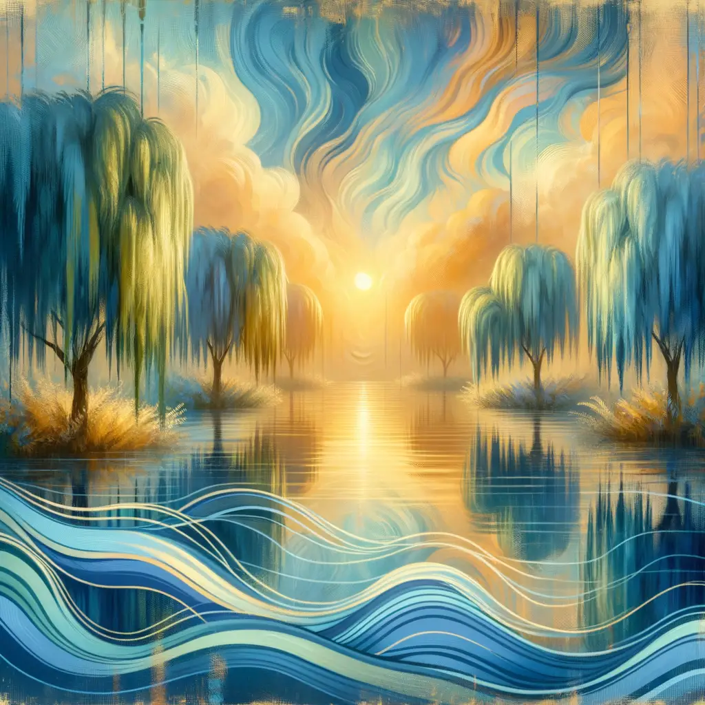 Solace Blossoms: Willow Whispers at Golden Dusk