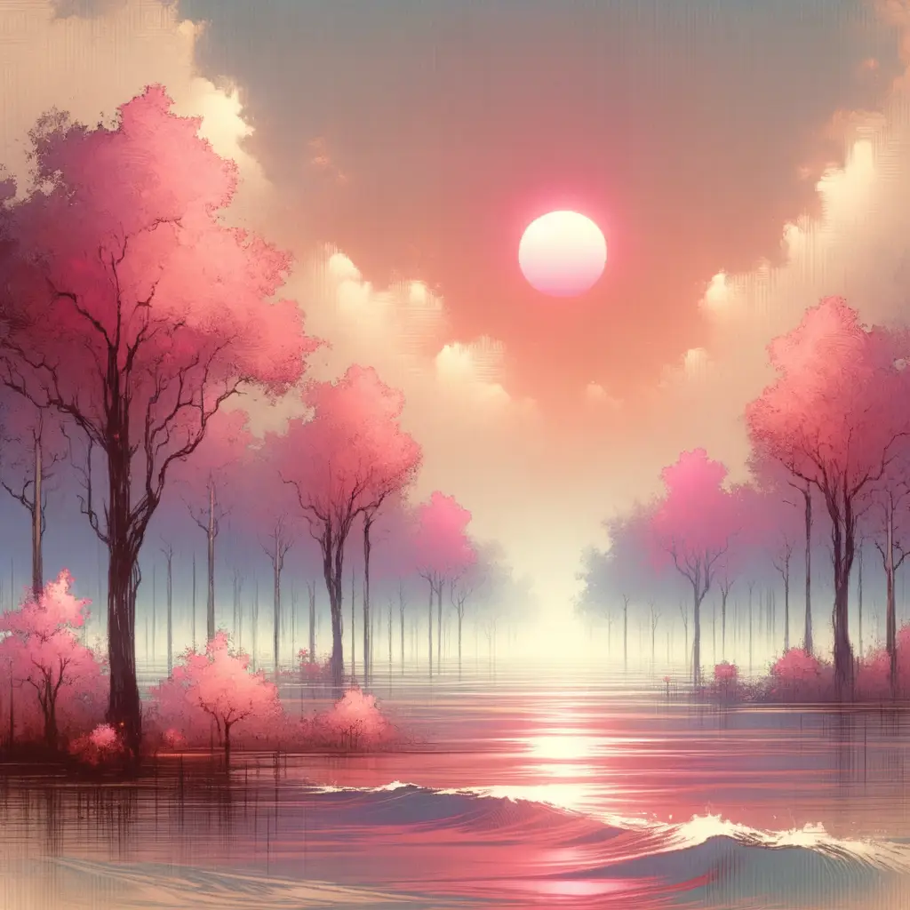 Whispers of Pink: Sunset's Embrace in Ink Wash Silence