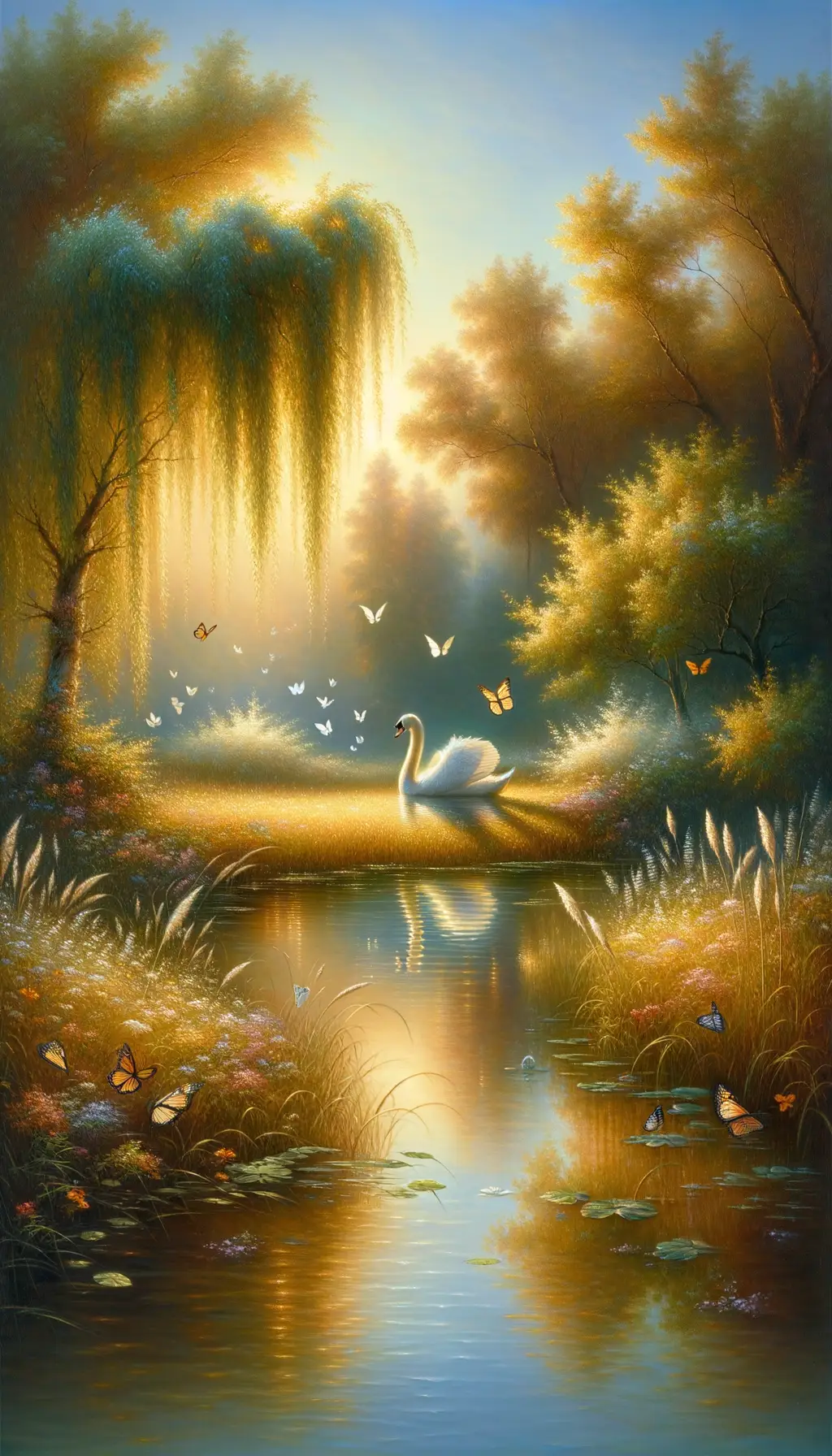 Luminous Reverie: Swan's Journey Through Golden Meadows