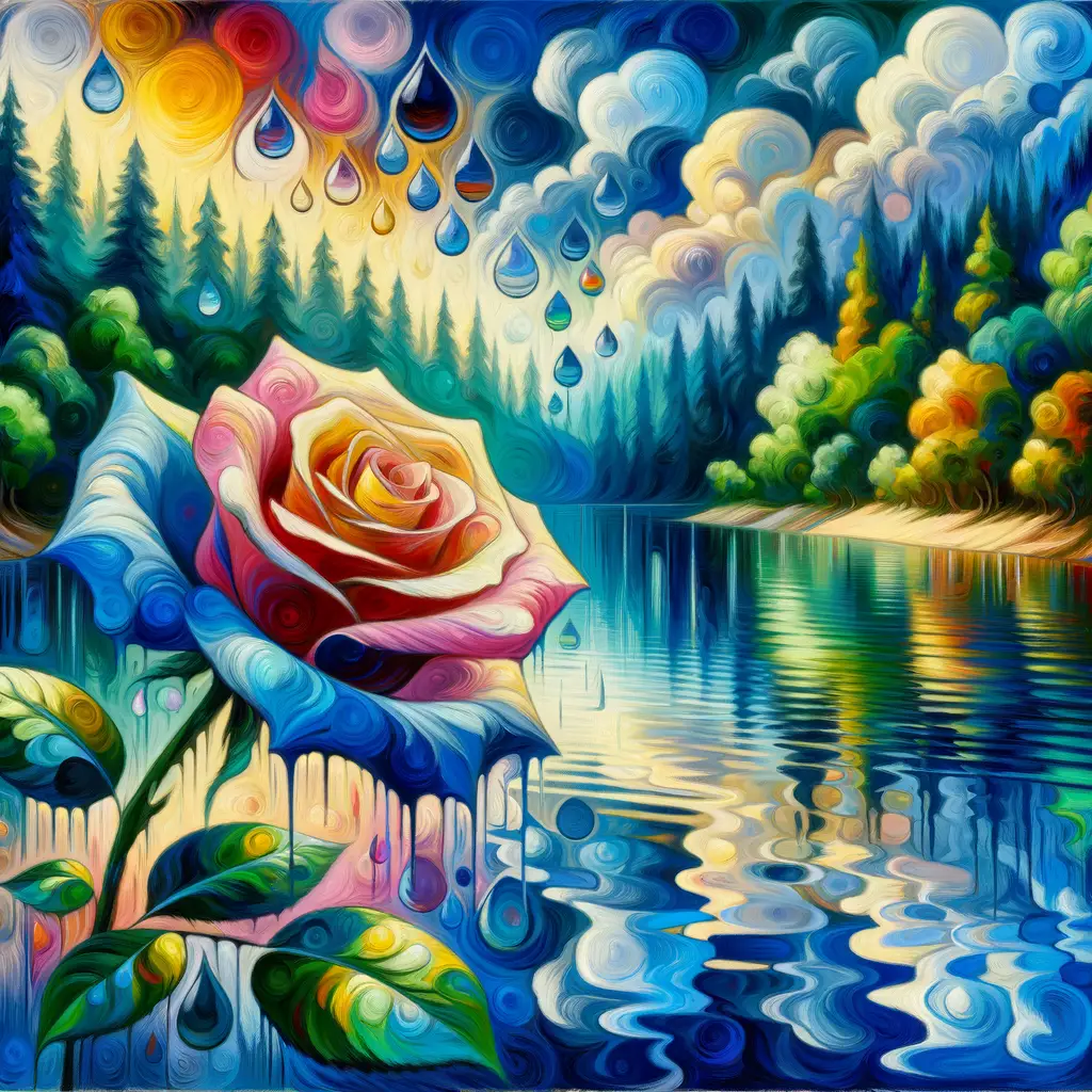 Echoes of Emotion: Unfurling Petals by the Color-Rain Lake