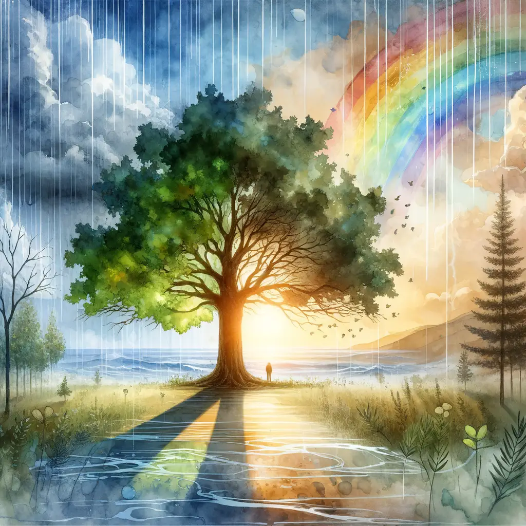 Whispers of Resilience: Oak Tree's Embrace Amidst Rainbow Skies