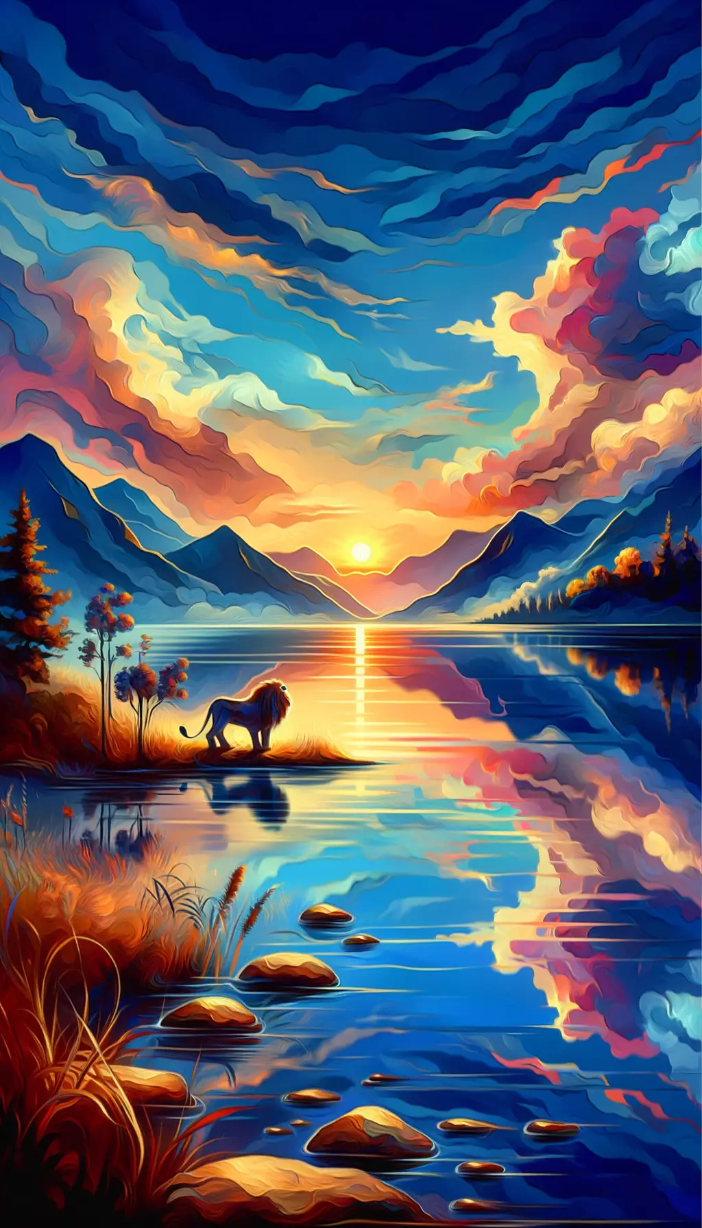 Courage Unveiled: Sunset Serenity with Lion by Tranquil Lake