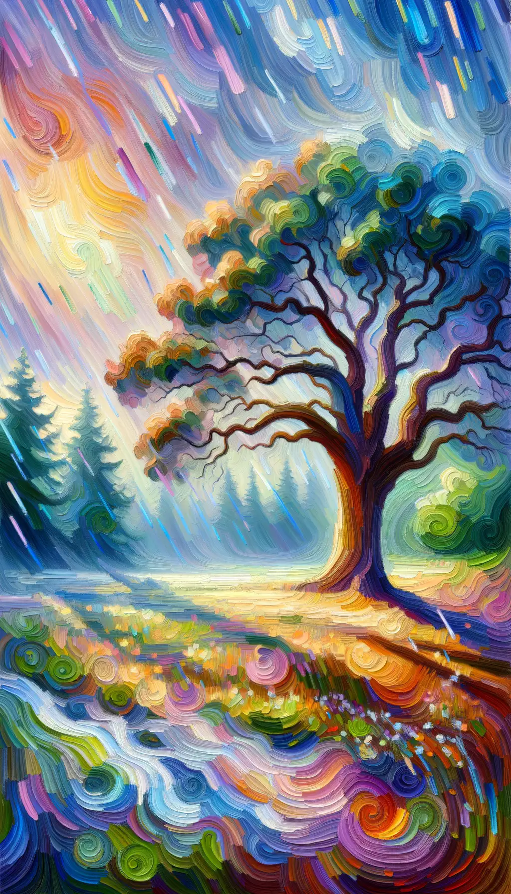 Whispers of the Oak: A Tranquil Symphony in Lilac and Blue