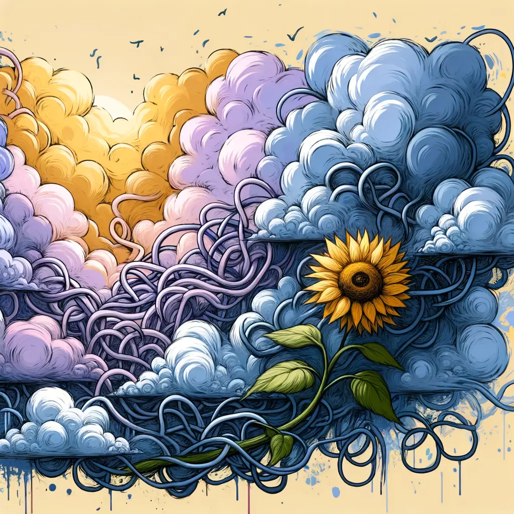Whispers of Hope: Golden Sunflower Amidst Stormy Tangle