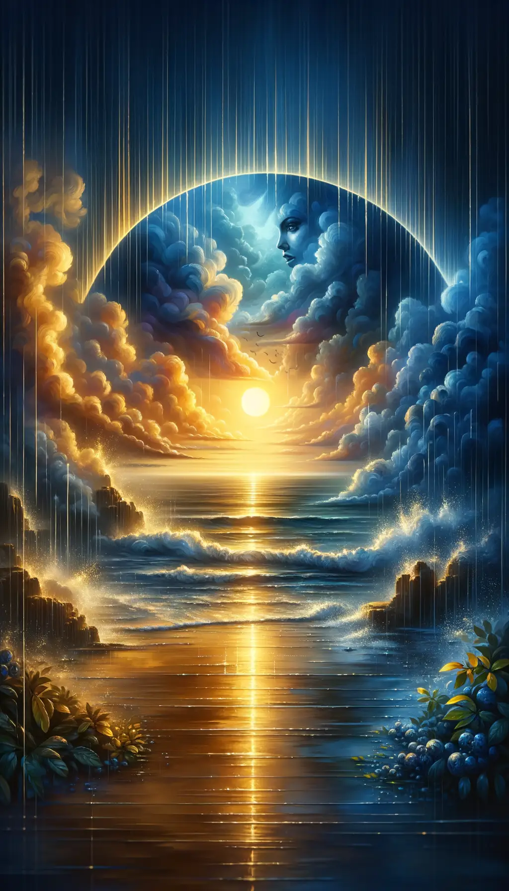 Sapphire Twilight Embrace: Healing Rain in Baroque Light