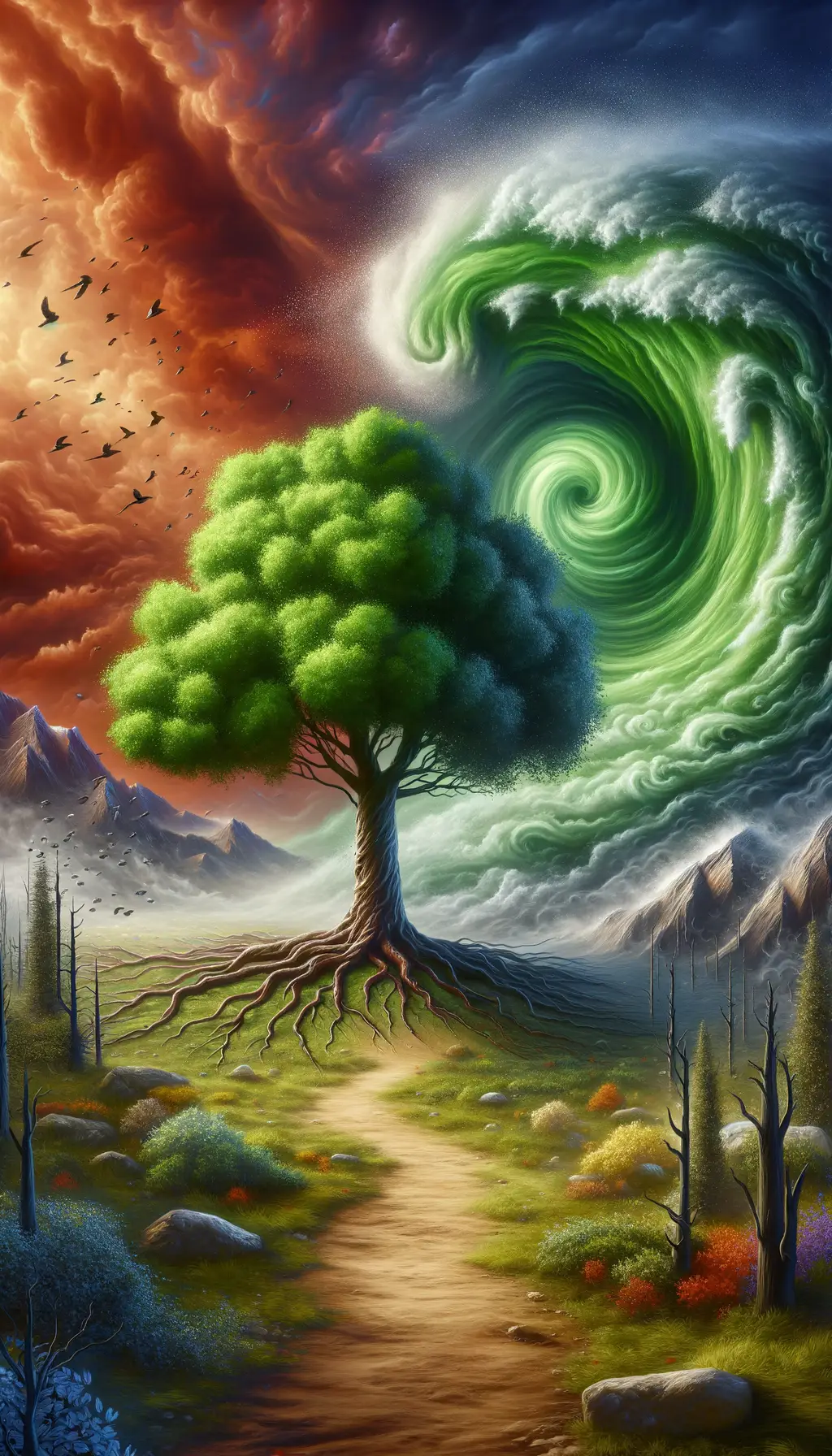 Emerald Resilience: A Tree's Triumph Over Tempestuous Transformation