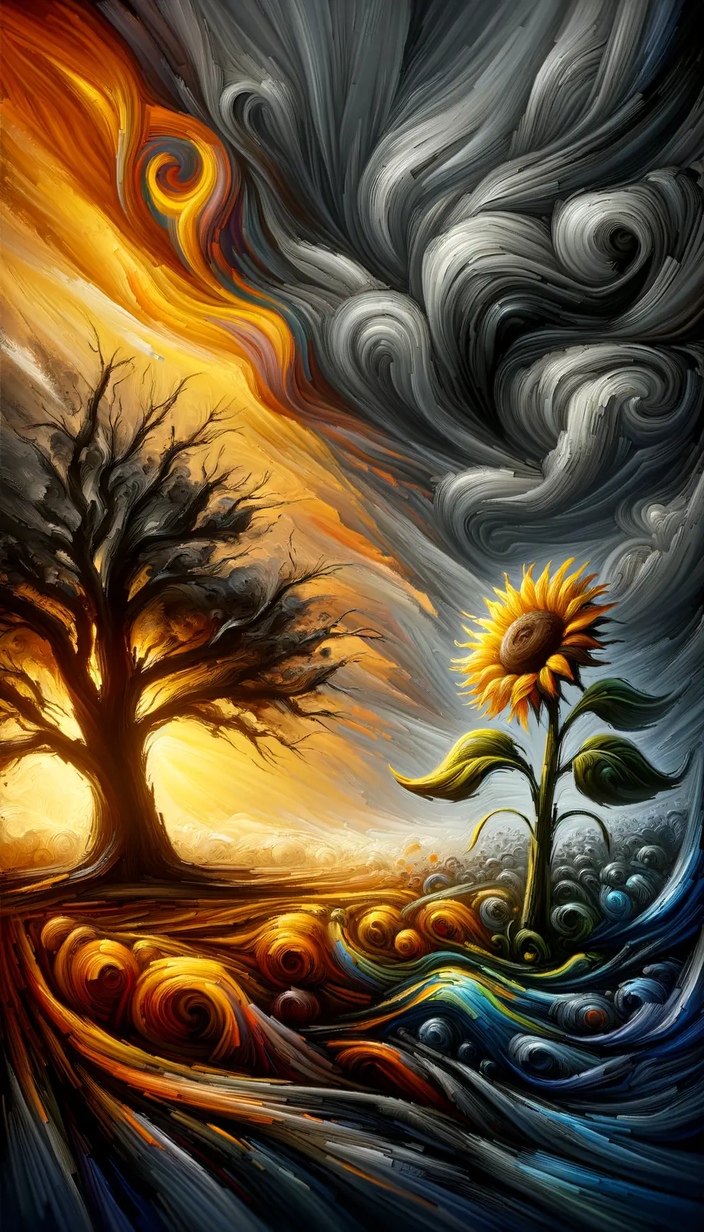 Hope's Embrace: Sunflower and Oak in the Storm's Grasp