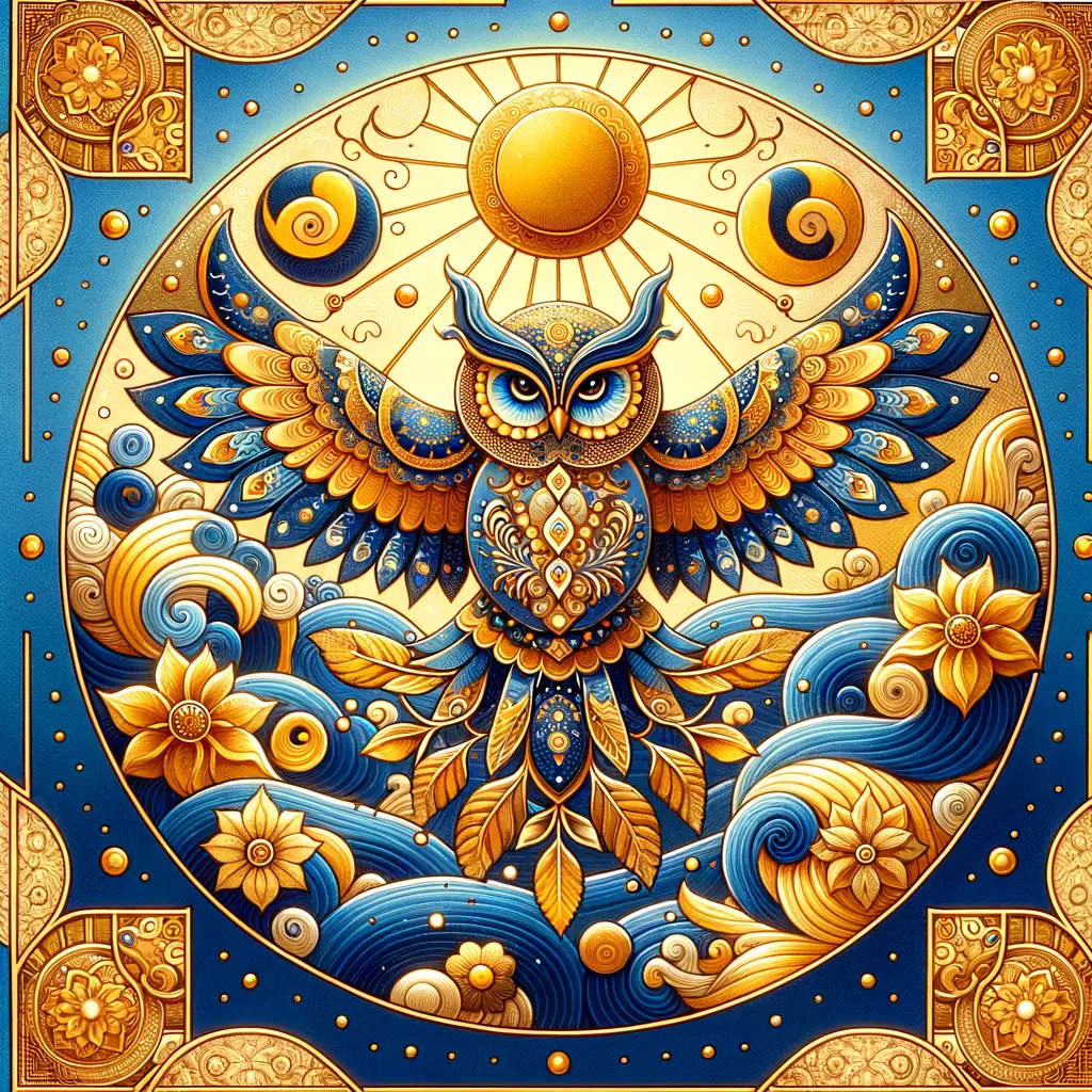 Ethereal Whispers: Enlightened Owl in Blue and Gold