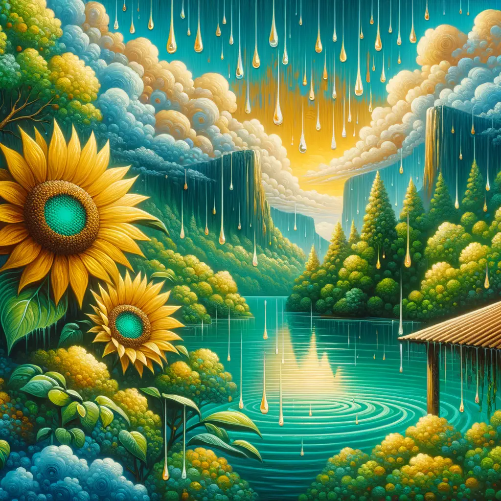 Emerald Echoes: Sunflower's Serenade in Raindrop Melodies