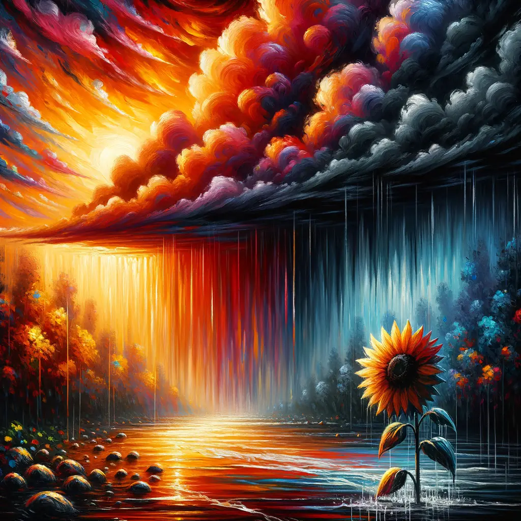 Solace Amongst Storms: Resilient Sunflower in Crimson Tempest