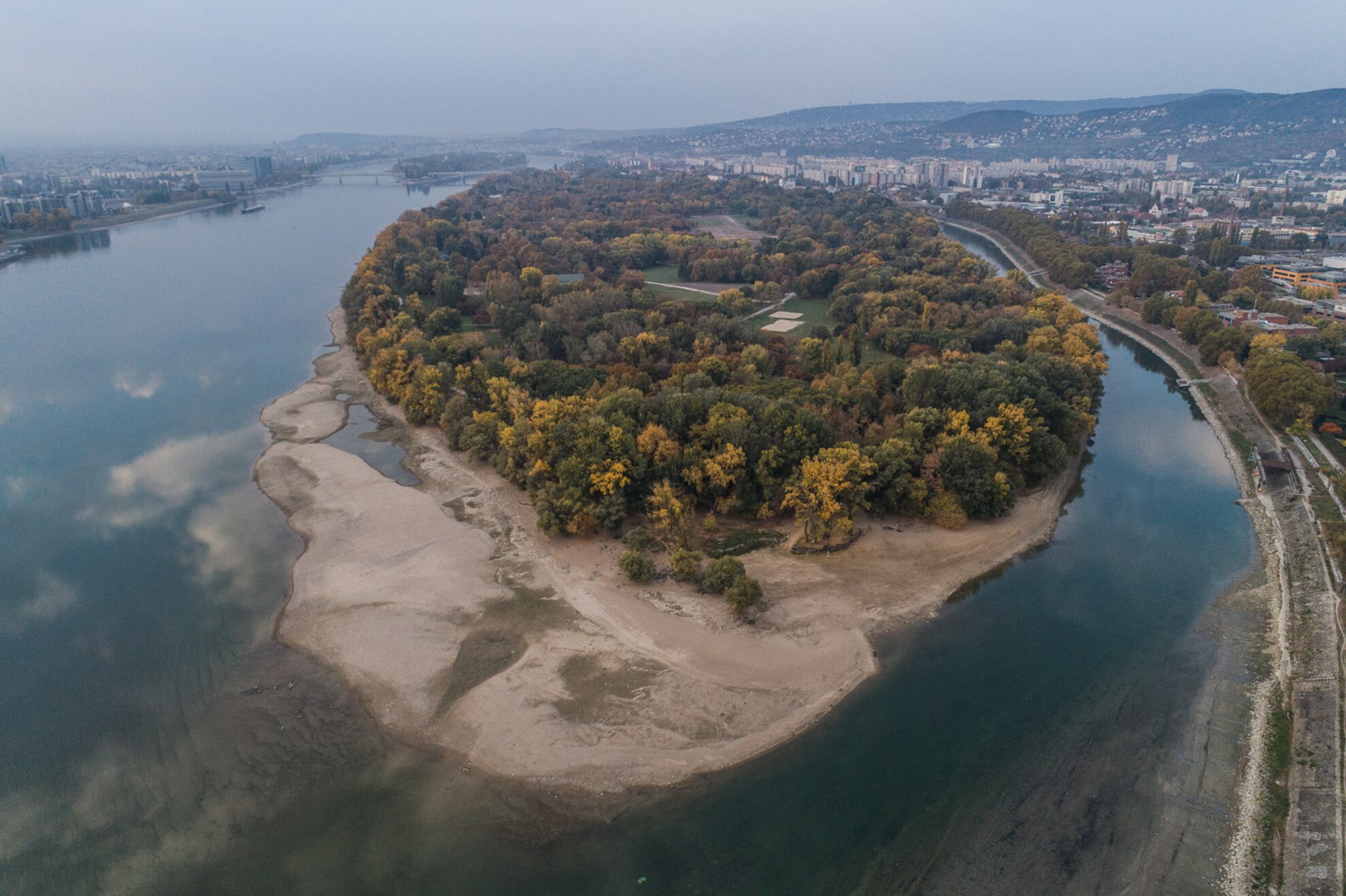 Striking drone photos reveal extreme low water levels in the Danube
