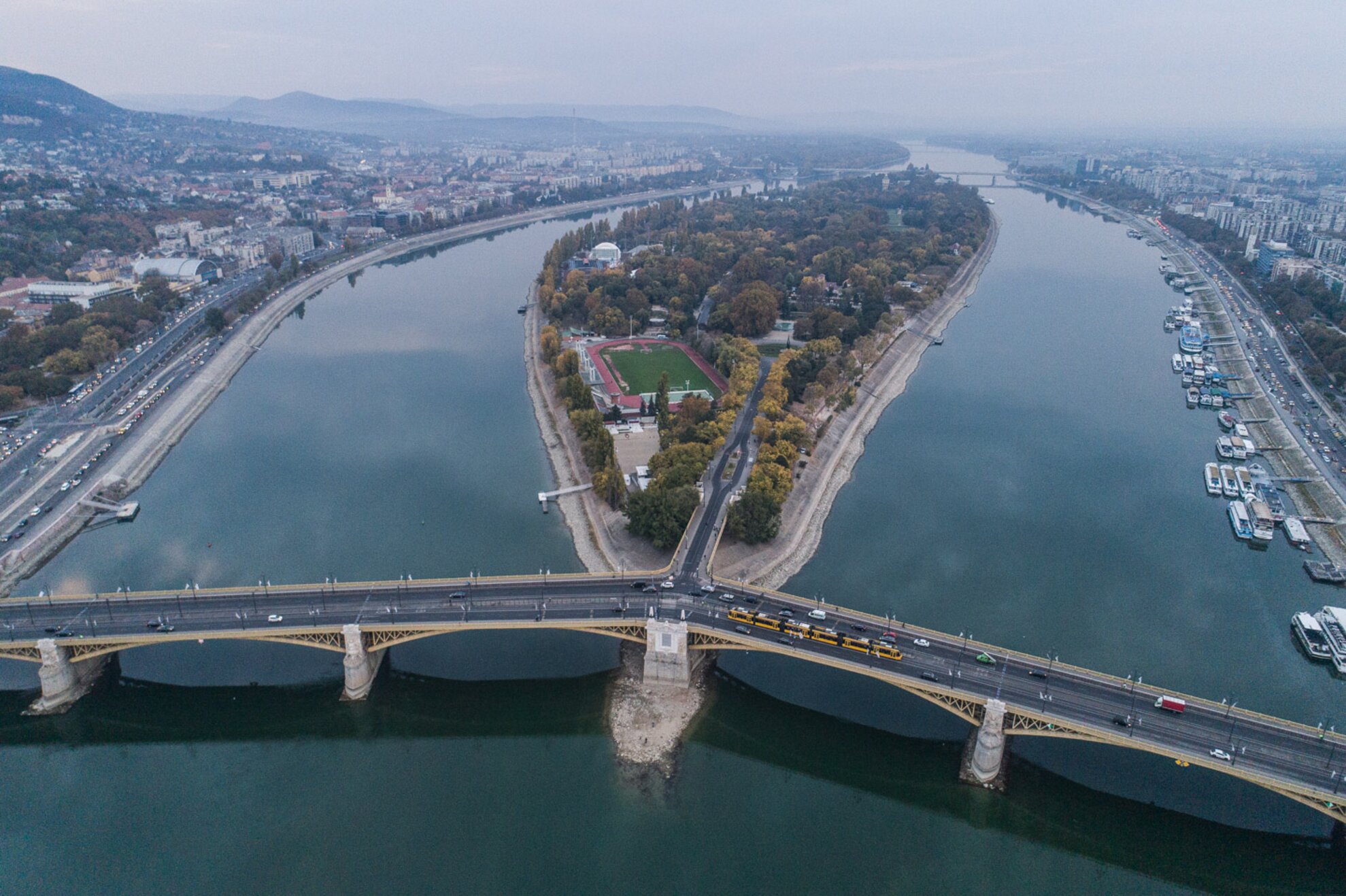 Striking drone photos reveal extreme low water levels in the Danube