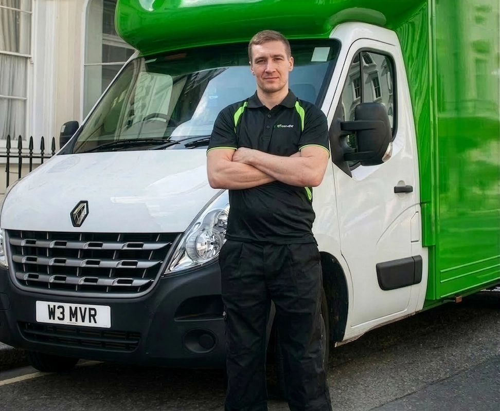 Professional WeMovers team member with green removal van in Manchester