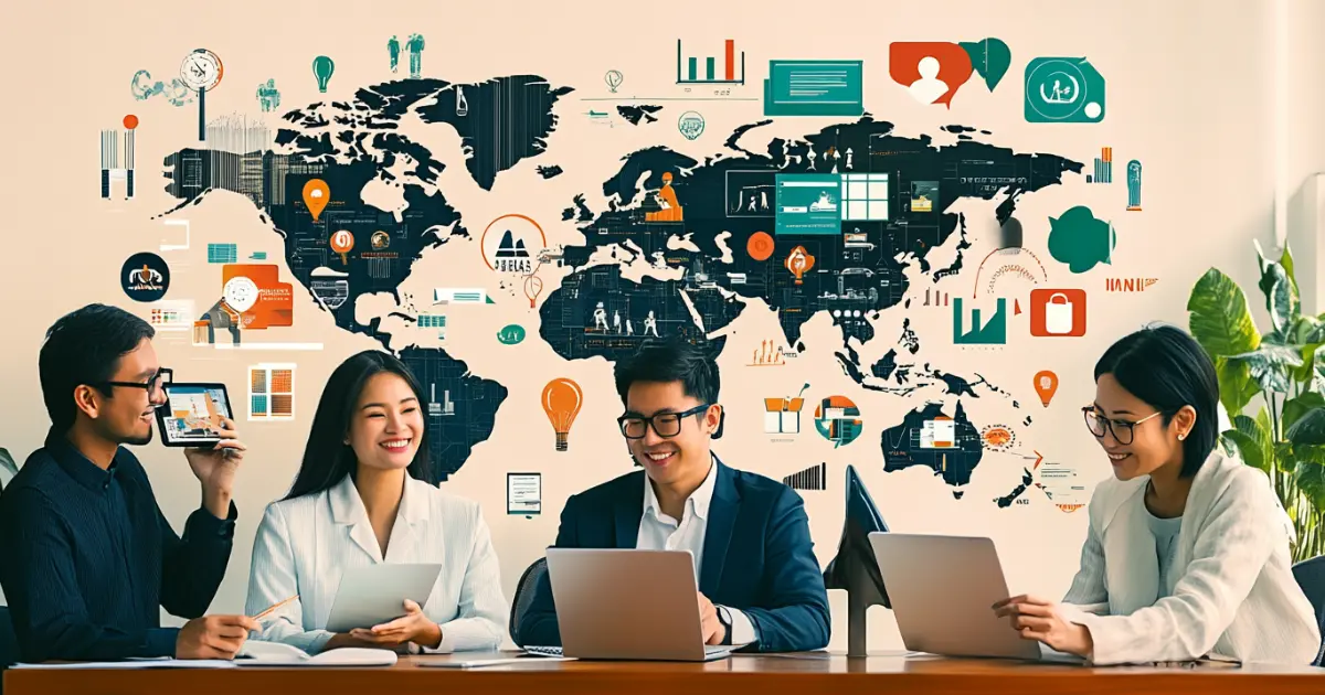 Illustration of a global workforce connected by a unified employer brand, showcasing diverse professionals collaborating across multiple countries.