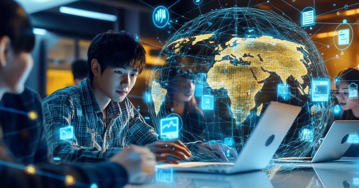 Global remote team productivity concept featuring diverse employees collaborating virtually through laptops, showcasing tools, time zones, and cultural connections.
