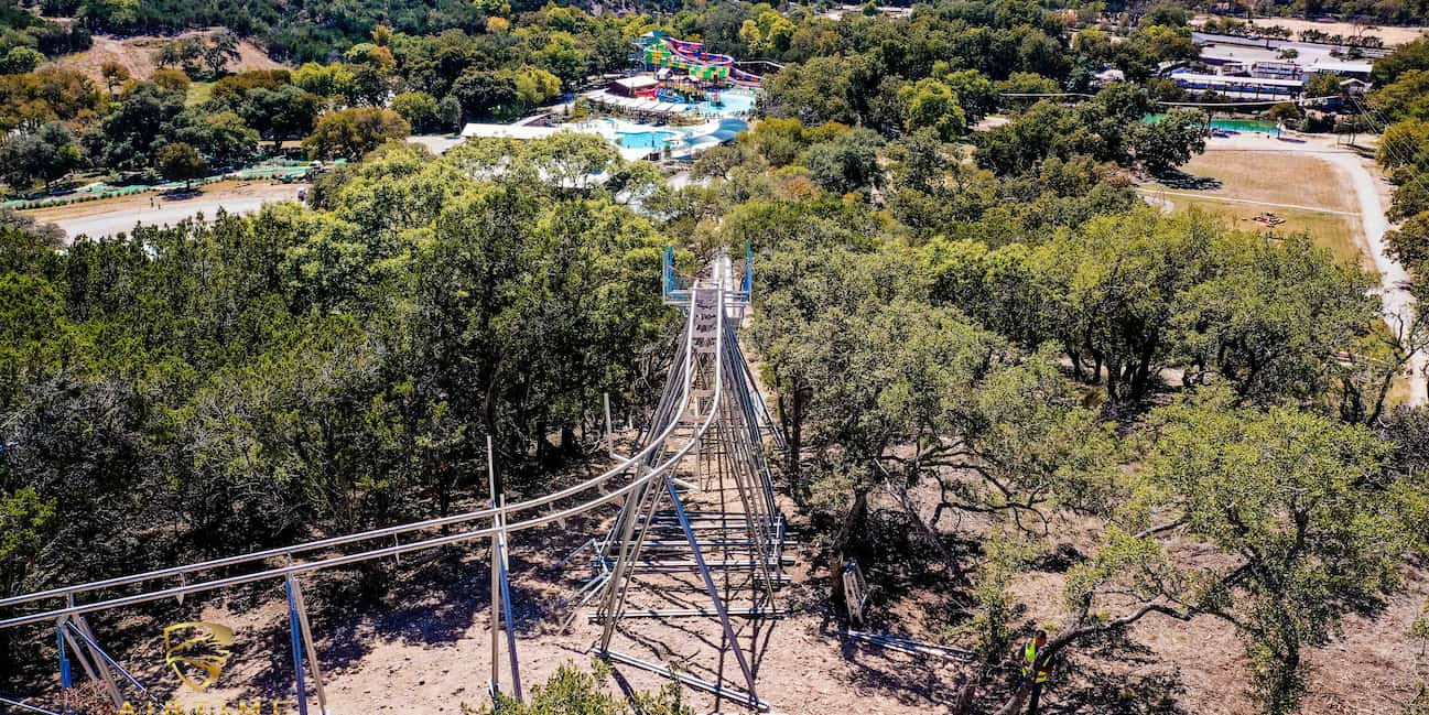 An aerial view of the Cliff Carver, Texas' first alpine coaster, located at Camp Fimfo Texas Hill Country.