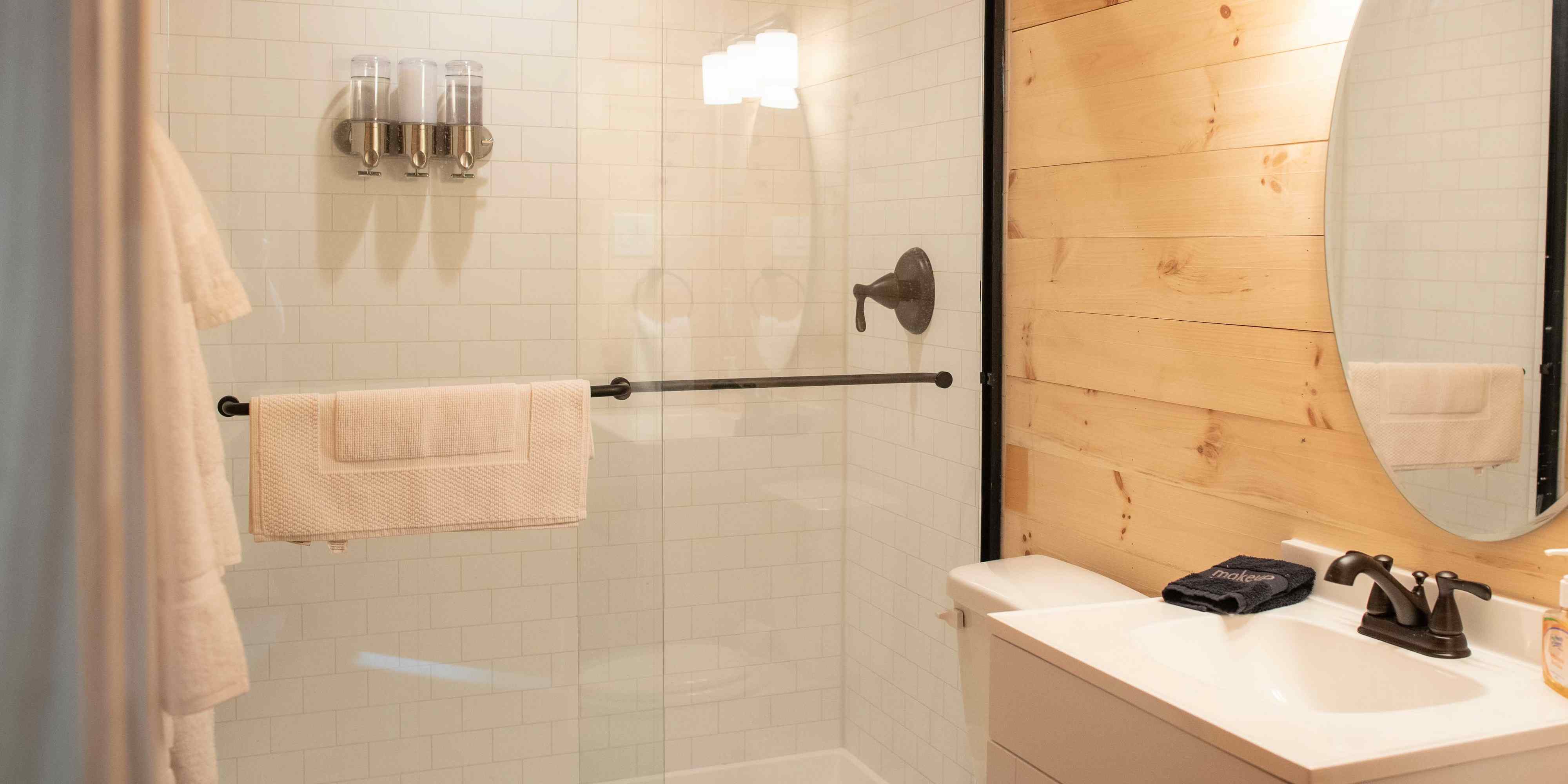 The private bathroom of a Mammoth Cabin at Camp Fimfo Waco, a top-rated Texas campground.