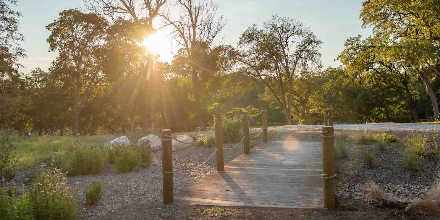 A sunny view of outdoor hiking trails at Camp Fimfo Texas Hill Country