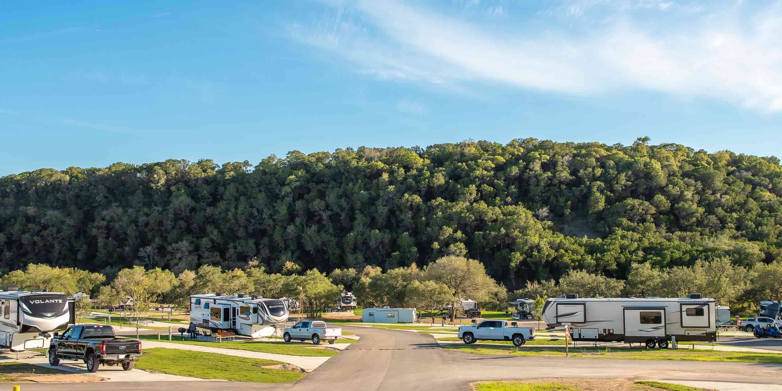 RV sites nestled in the hills of Hill Country at Camp Fimfo Texas Hill Country