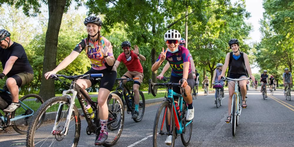 A group of bicyclists riding at the Philly Bike Ride.