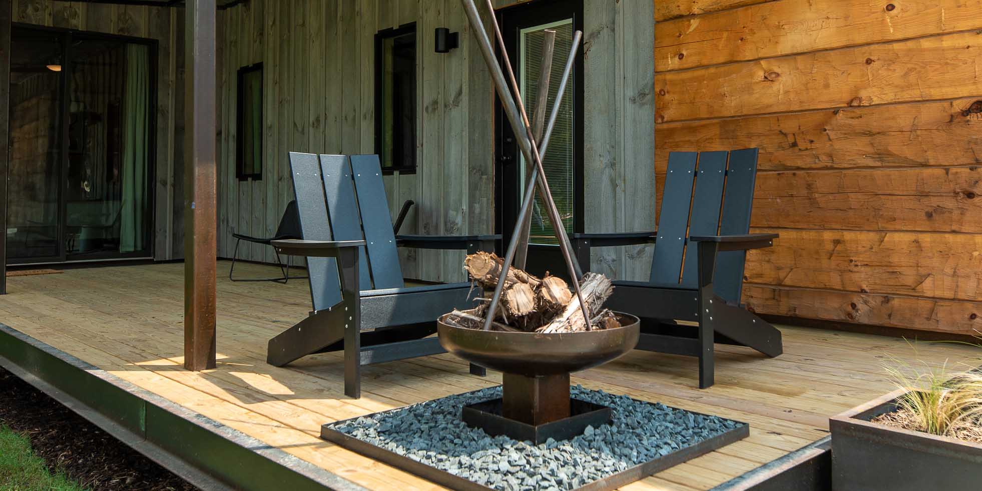 The porch of a Coyote cabin at Camp Fimfo