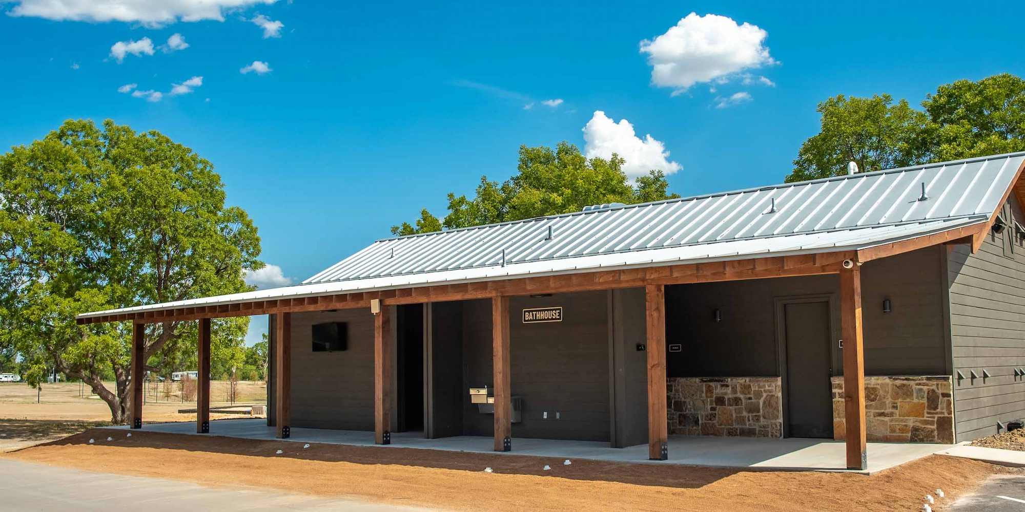 A bathhouse at Camp Fimfo Waco available for guests