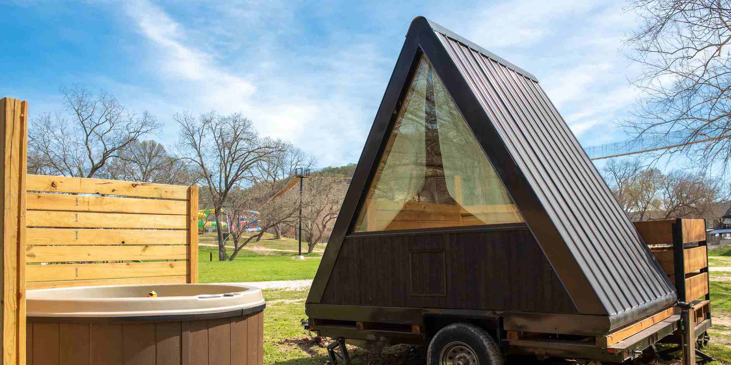 A Riverview Cabin at Camp Fimfo Texas Hill Country with a hot tub add-on