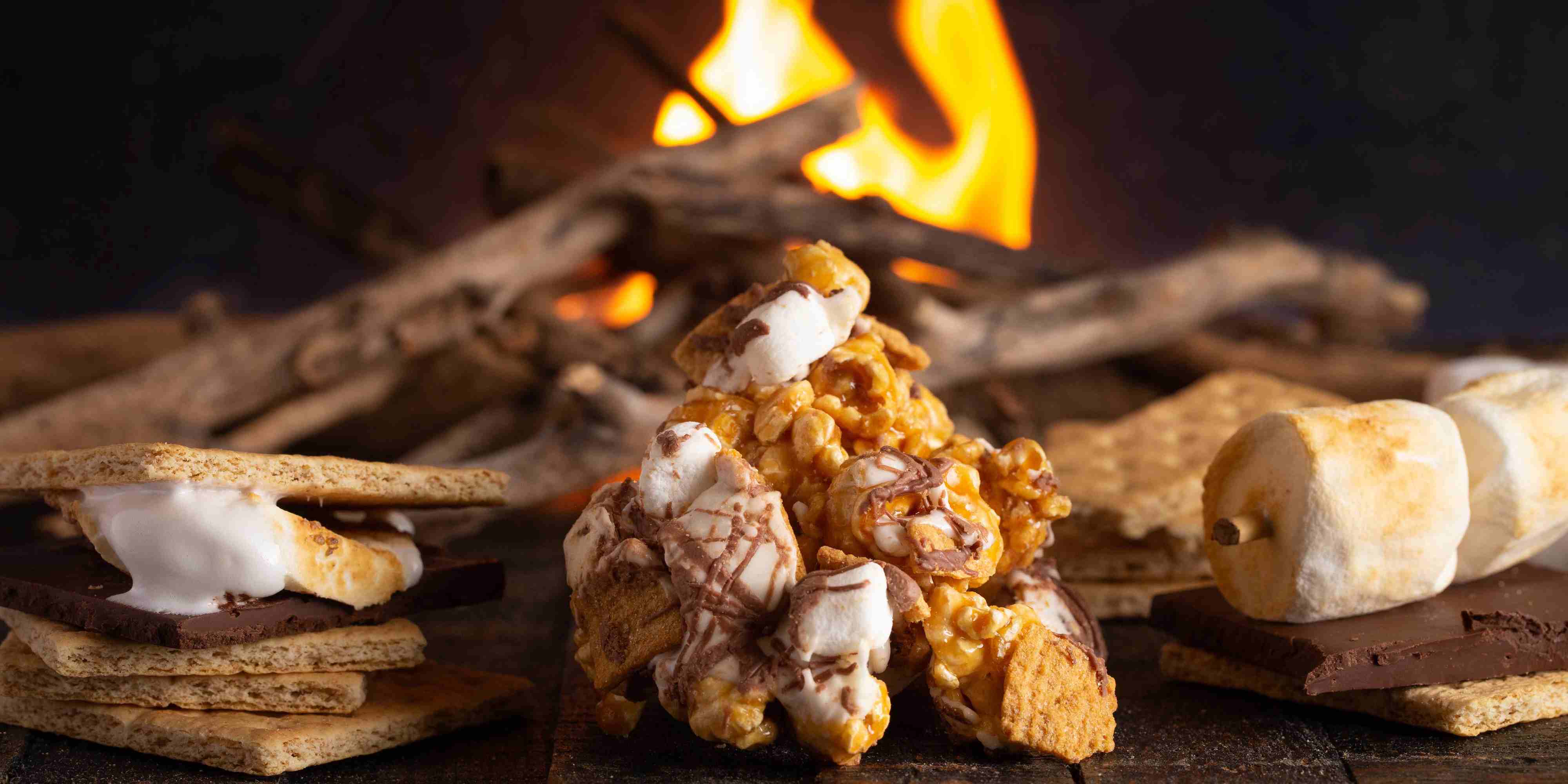 S'mores popcorn next to a campfire