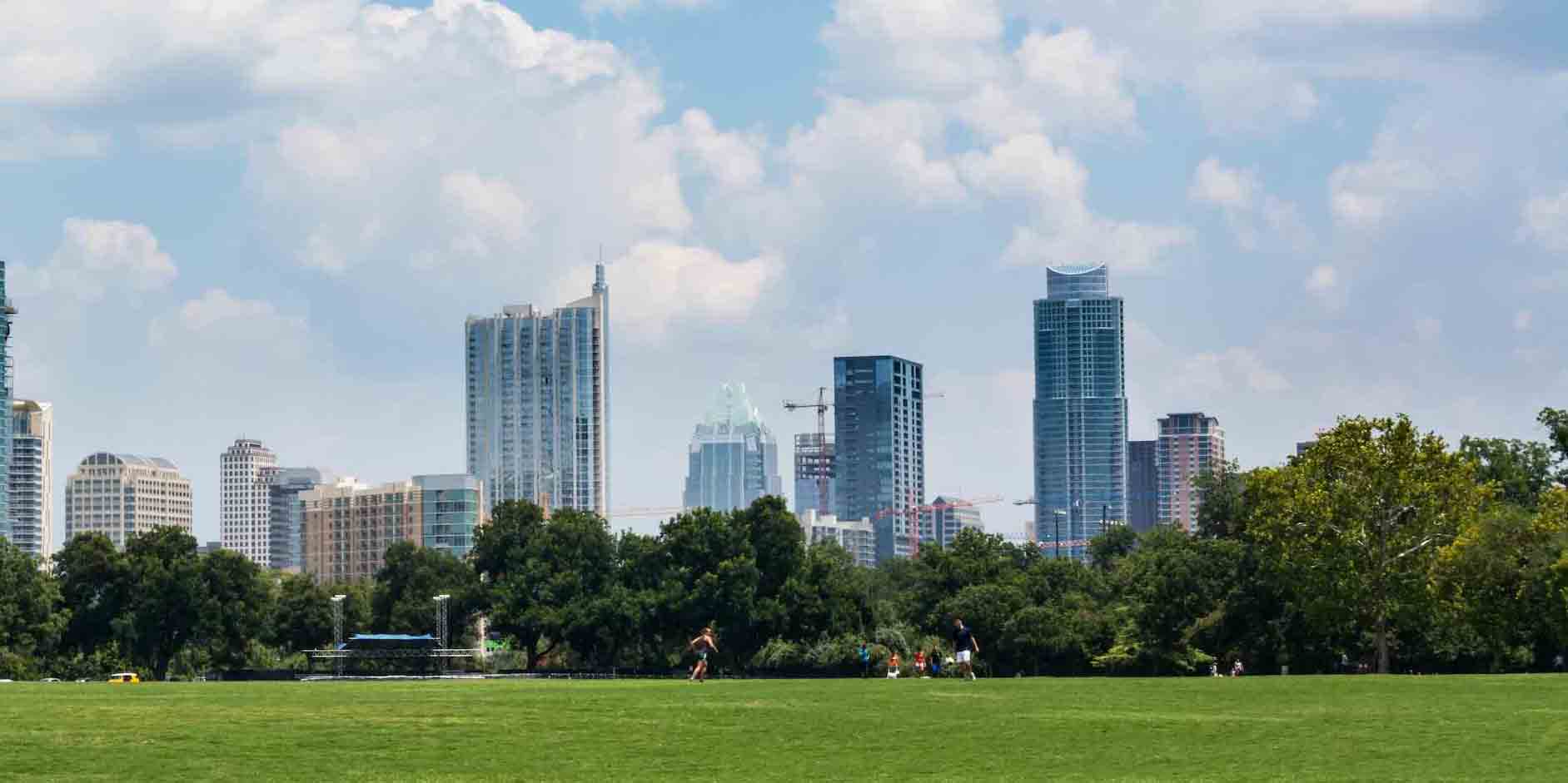 The skyline of downtown Austin at Zilker Park