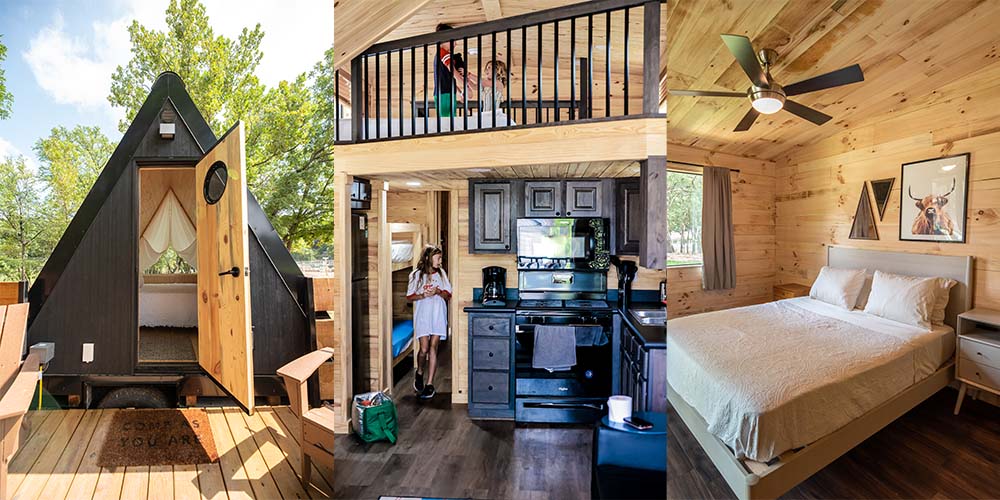 The 3 cabin options at Camp Fimfo Texas Hill Country are some of the best cabin camping in Texas. 