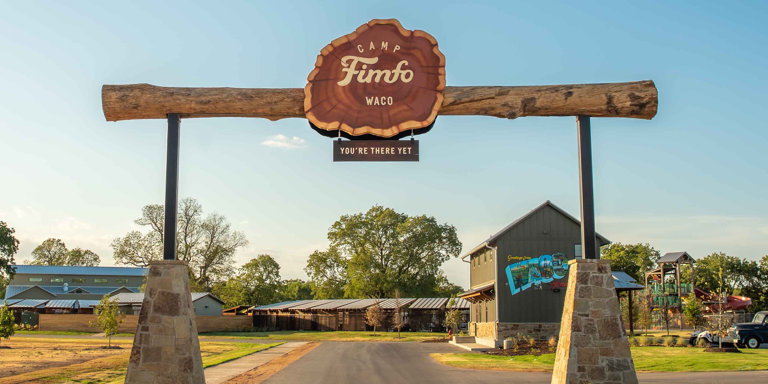 The Camp Fimfo Waco entrance sign who offers the best camping near Magnolia.