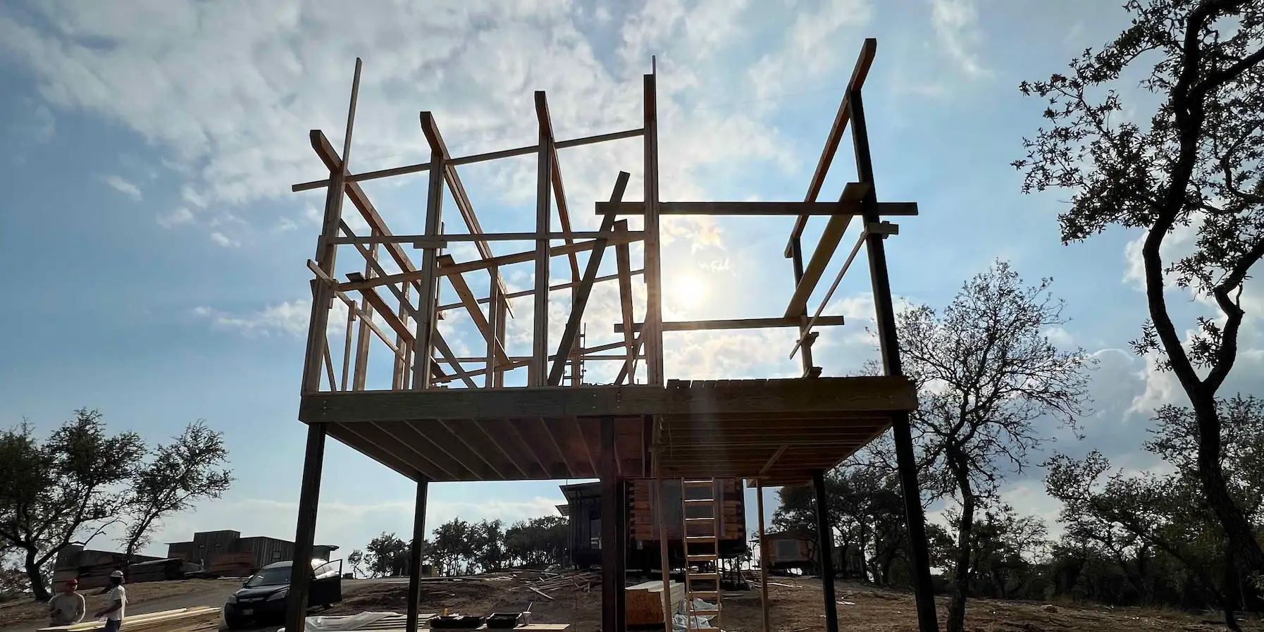 Construction of a new Treetop cabin in the scenic hills of Camp Fimfo Texas Hill Country